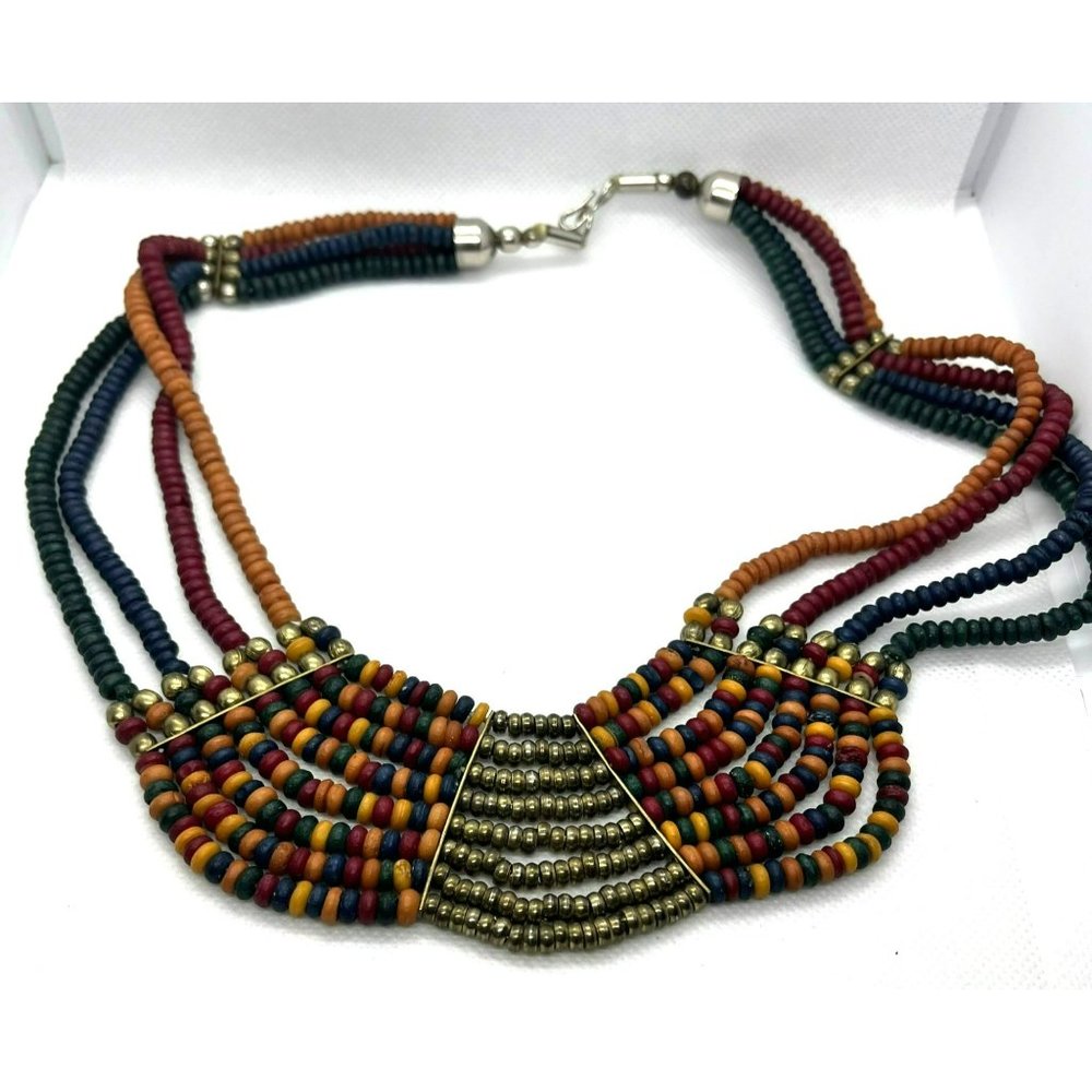 Boho Chic Trendy Multi Strand VTG Blue Red Black Natural Rondelle Bead Necklace - Picture 2 of 8